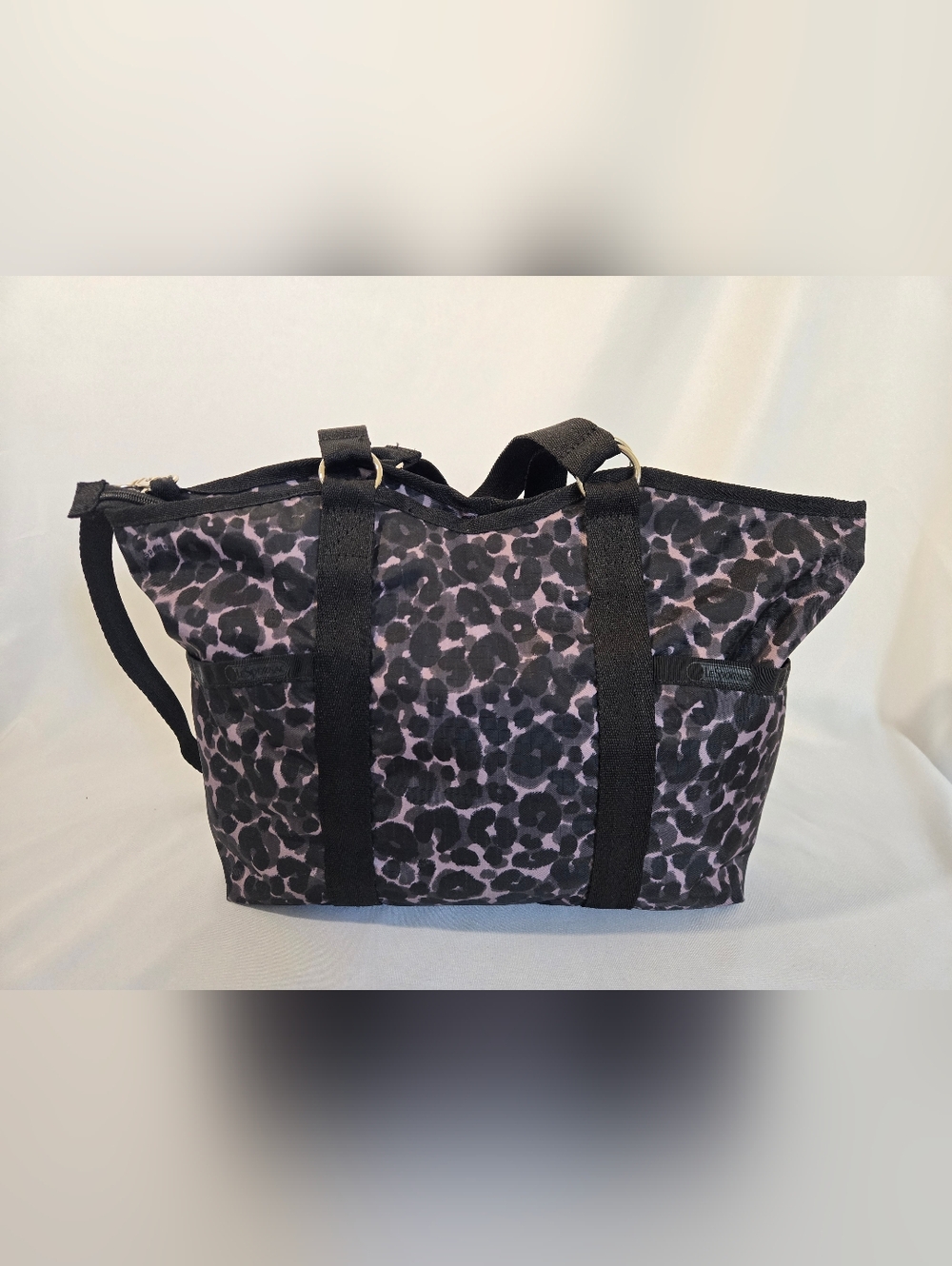 Lesportsac Black and Taupe Leopard-Print Nylon Tote